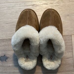 UGG Chestnut Suede Slippers with Cream Fur